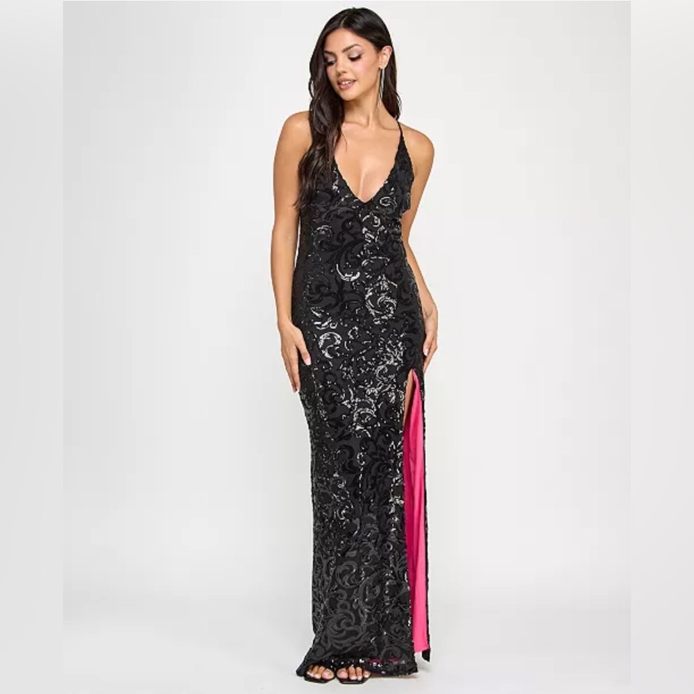 pear culture Juniors' Sequin Plunge-Neck Side-Slit Black Gown